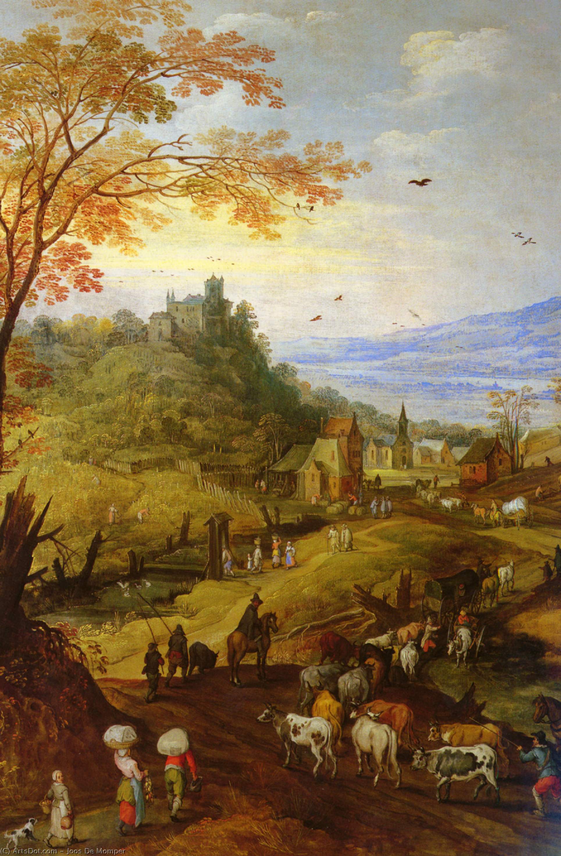 WikiOO.org – 美術百科全書 - 繪畫，作品 Joos De Momper - 岩石 风景  与  牛  对  一个   道路