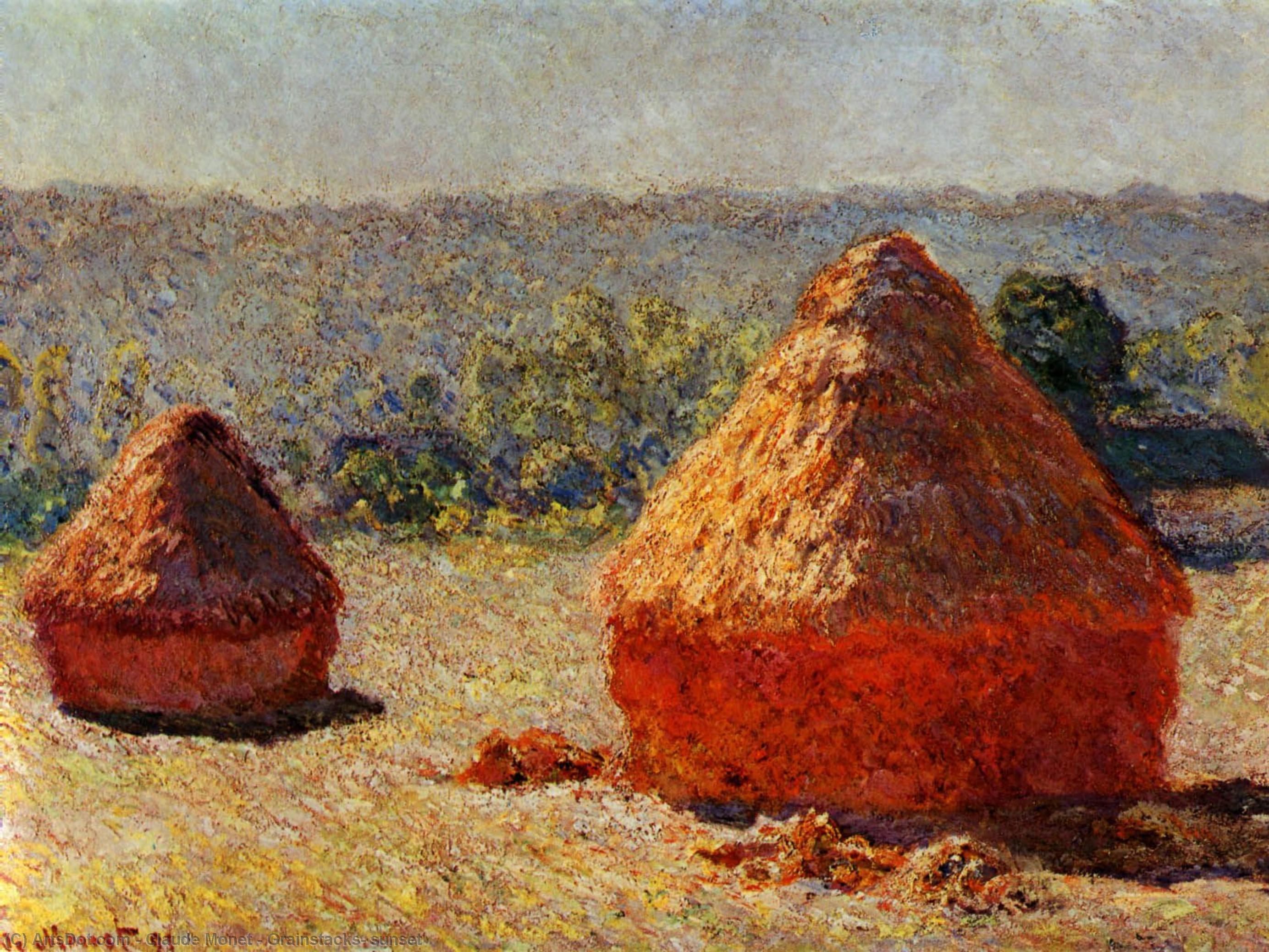 Wikioo.org - สารานุกรมวิจิตรศิลป์ - จิตรกรรม Claude Monet - Grainstacks, sunset