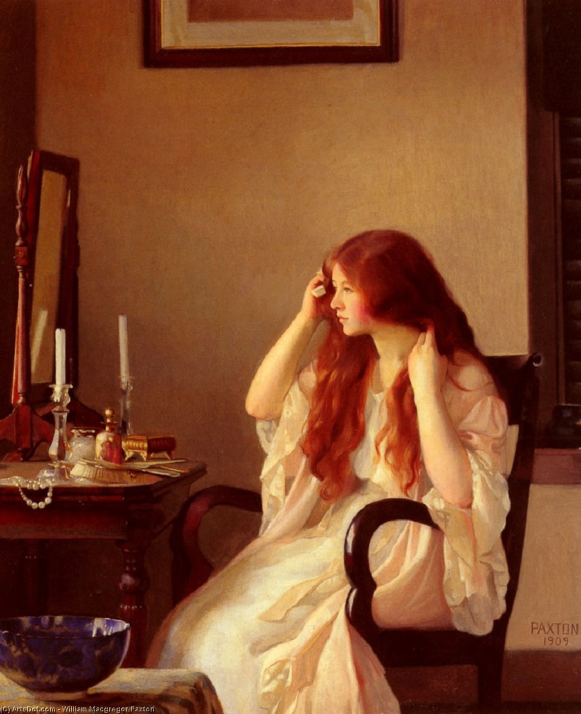 Wikioo.org - The Encyclopedia of Fine Arts - Painting, Artwork by William Macgregor Paxton - Girl combing her hair