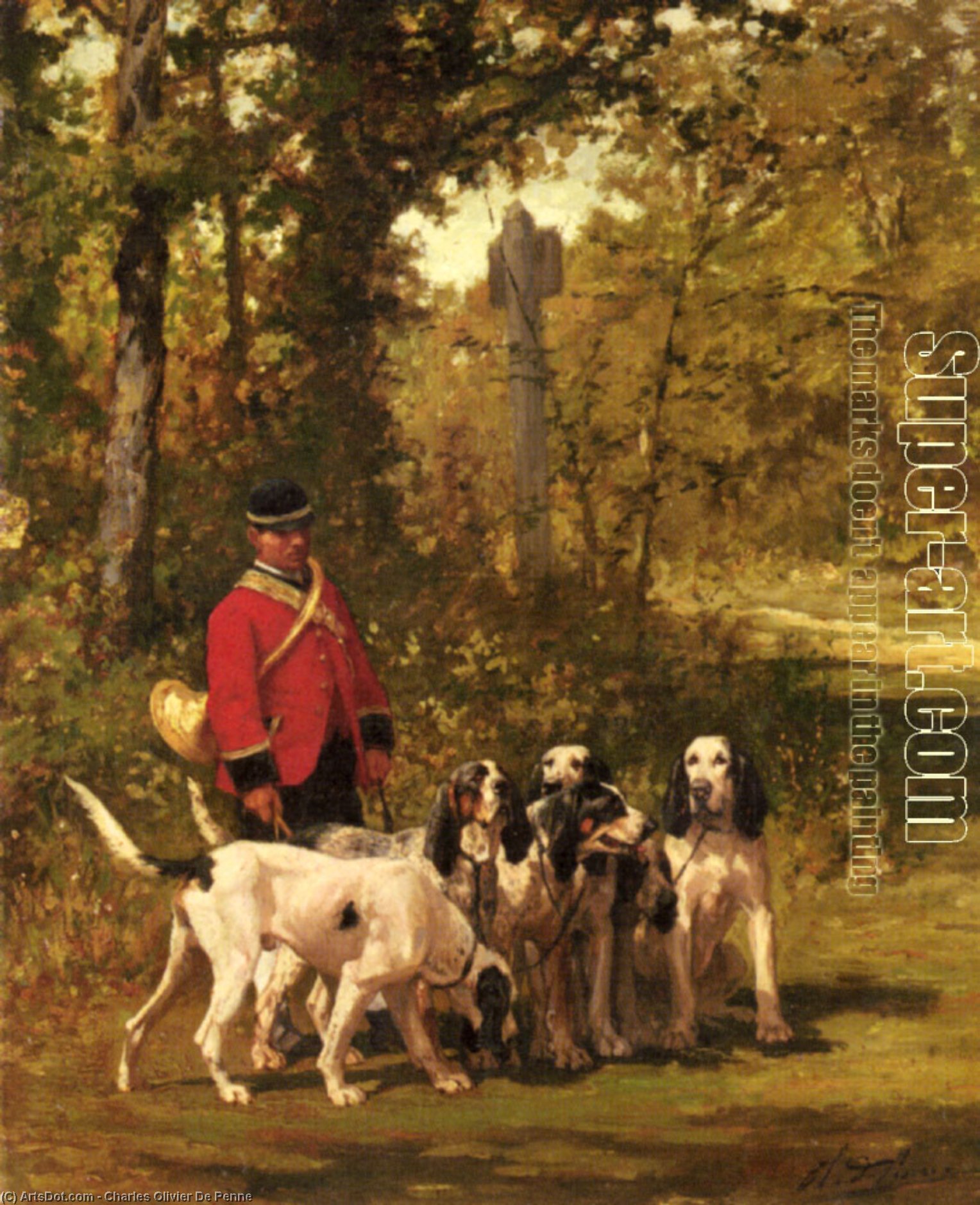 Wikioo.org - สารานุกรมวิจิตรศิลป์ - จิตรกรรม Charles Olivier De Penne - A Huntmaster with his Dogs on a Forest Trail