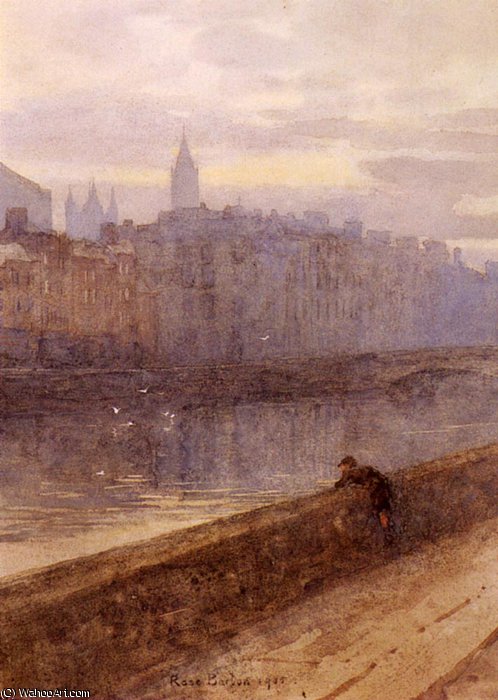 Wikioo.org - The Encyclopedia of Fine Arts - Painting, Artwork by Rose Maynard Barton - Evening on the river liffey with st. john's church in distan