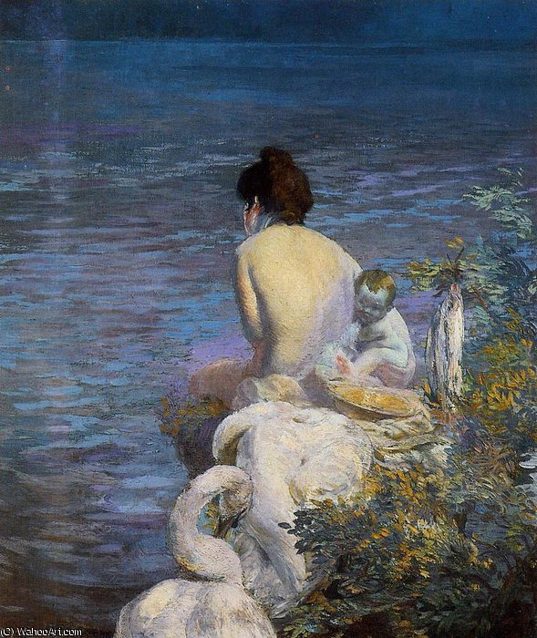 Wikioo.org - The Encyclopedia of Fine Arts - Painting, Artwork by Paul Albert Besnard - Bather with Child and Swan by the Sea