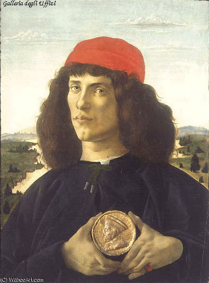 Wikioo.org - The Encyclopedia of Fine Arts - Painting, Artwork by Sandro Botticelli - Portrait of an Unknown Personage with the Medal of Cosimo il