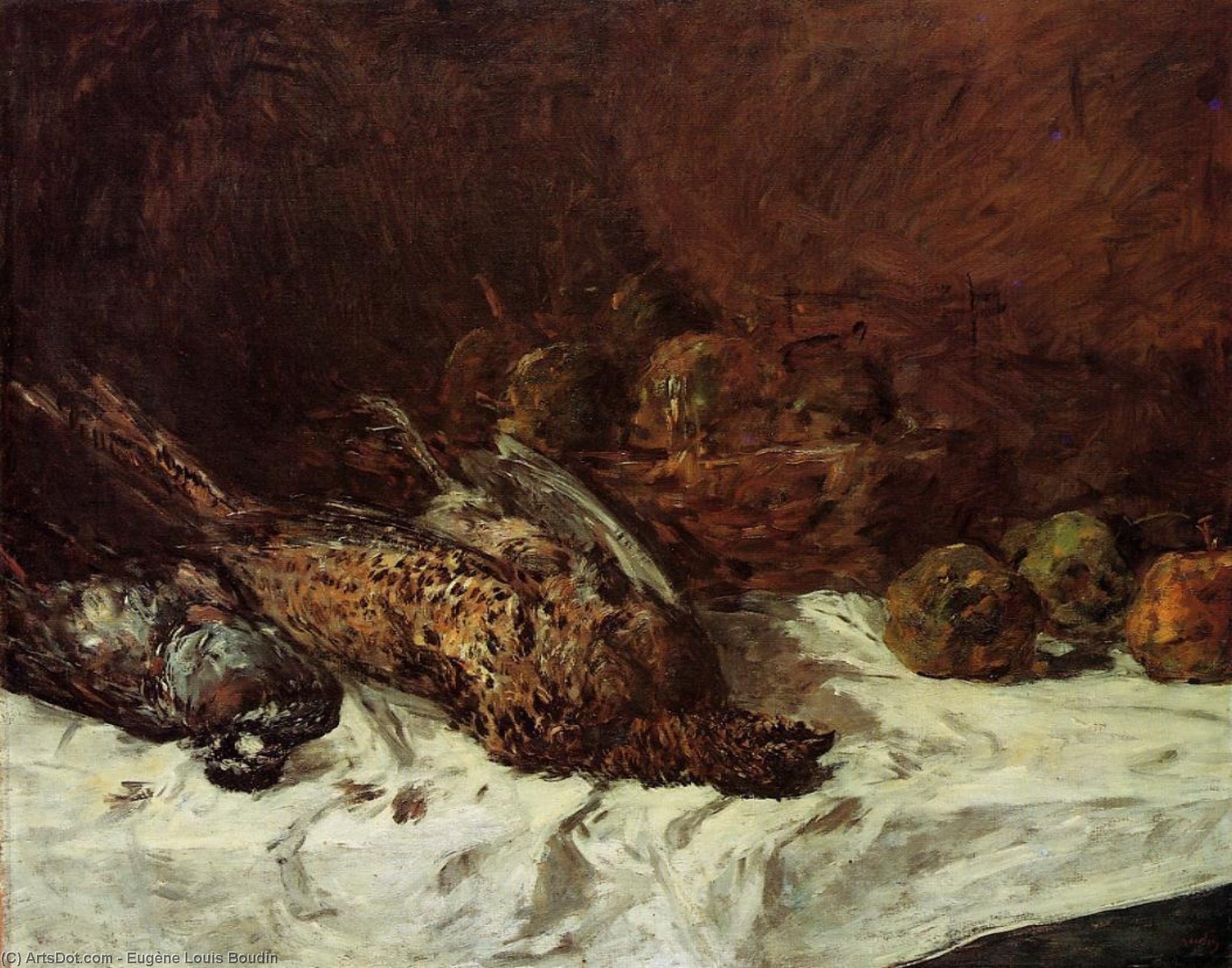 Wikioo.org - The Encyclopedia of Fine Arts - Painting, Artwork by Eugène Louis Boudin - Still Life with Pheasant and Basket of Apples