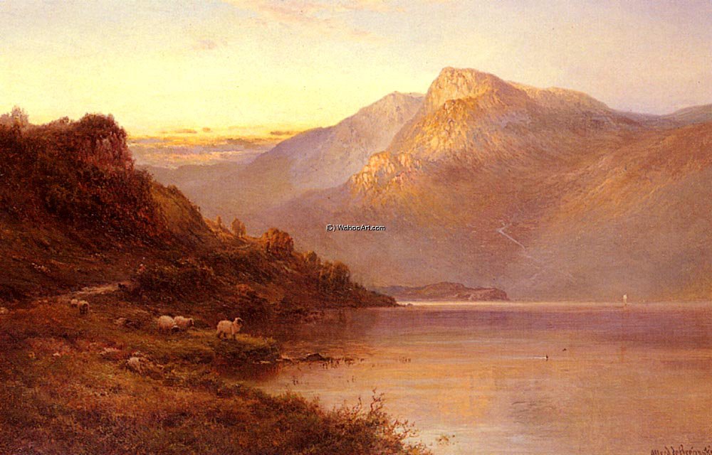 Wikioo.org - The Encyclopedia of Fine Arts - Painting, Artwork by Alfred De Breanski Senior - Sunset on the loch