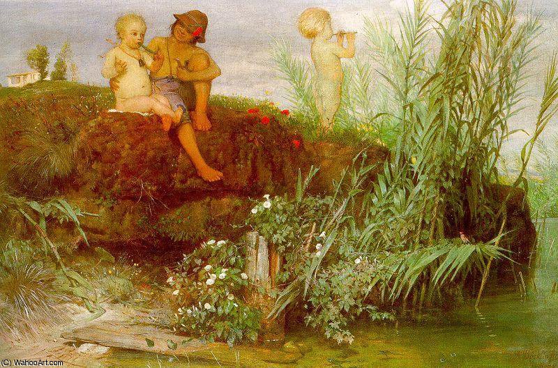 Wikioo.org - The Encyclopedia of Fine Arts - Painting, Artwork by Arnold Bocklin - Children carving many flutes