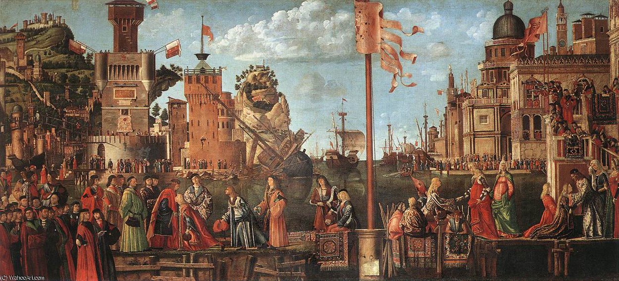 Wikioo.org - The Encyclopedia of Fine Arts - Painting, Artwork by Vittore Carpaccio - Meeting of the Betrothed Couple and the Departure of the Pil