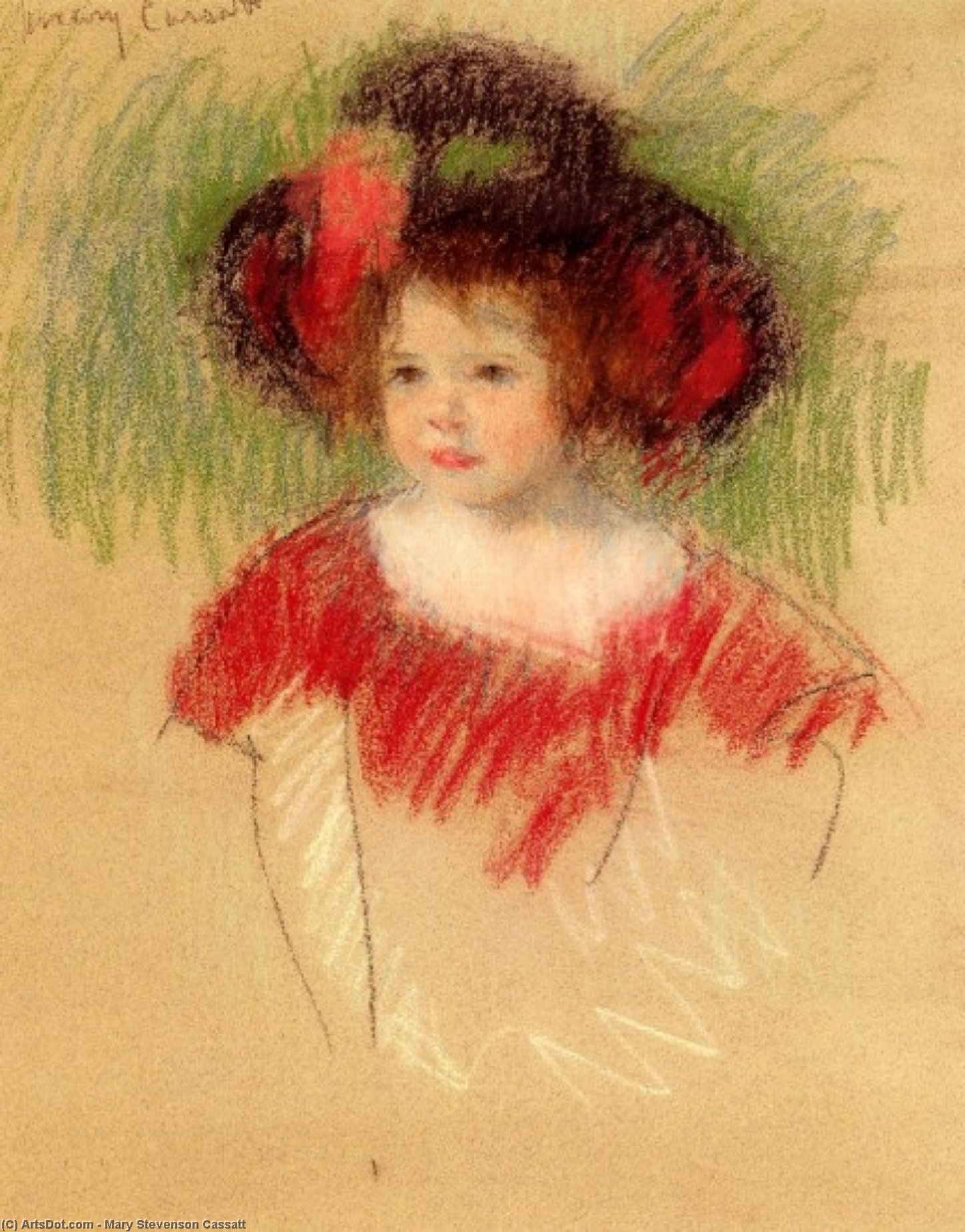 Wikioo.org - The Encyclopedia of Fine Arts - Painting, Artwork by Mary Stevenson Cassatt - Margot in big bonnett and red dress