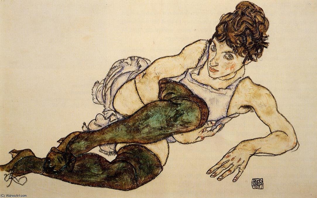 Wikioo.org - The Encyclopedia of Fine Arts - Painting, Artwork by Egon Schiele - Reclining Woman with Green Stockings (Adele Harms)