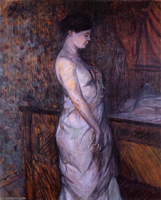 Wikioo.org - The Encyclopedia of Fine Arts - Painting, Artwork by Henri De Toulouse Lautrec - Madame Poupoule in a Chemise Standing by a Bed