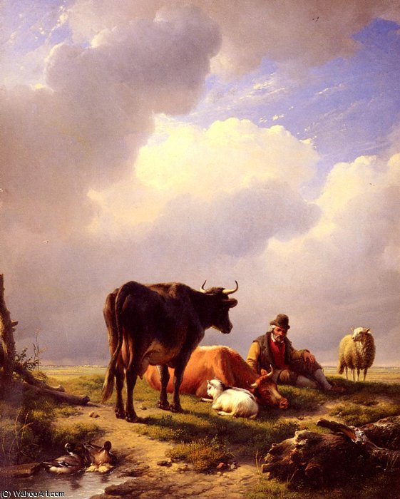 Wikoo.org - موسوعة الفنون الجميلة - اللوحة، العمل الفني Eugène Joseph Verboeckhoven - A farmer at rest with his stock