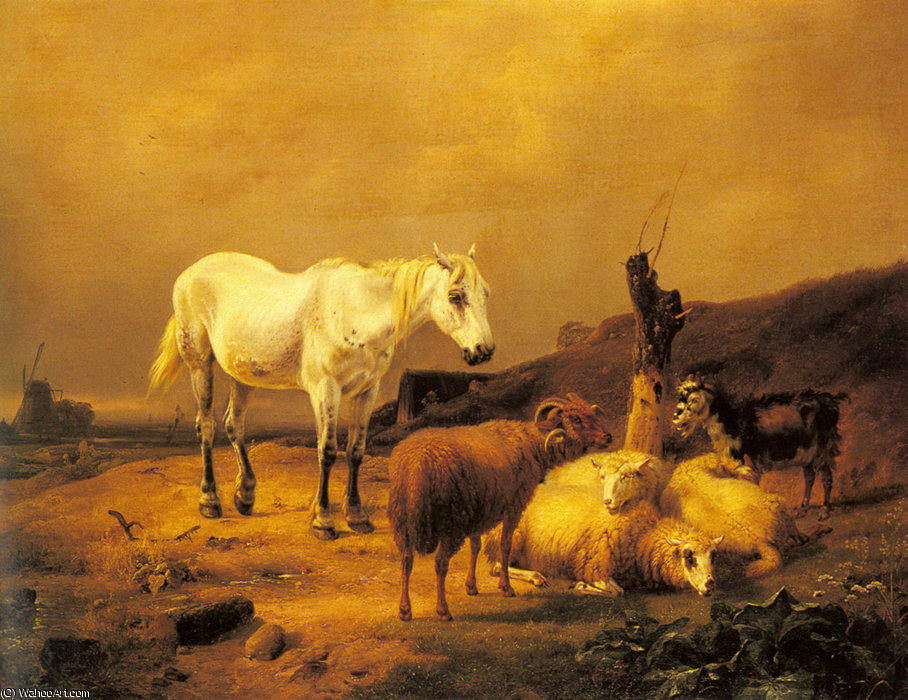Wikioo.org – L'Encyclopédie des Beaux Arts - Peinture, Oeuvre de Eugène Joseph Verboeckhoven - un cheval , Les moutons et les une Chèvre idans un paysage