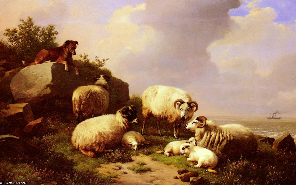 Wikioo.org - The Encyclopedia of Fine Arts - Painting, Artwork by Eugène Joseph Verboeckhoven - Guarding the flock by the coast