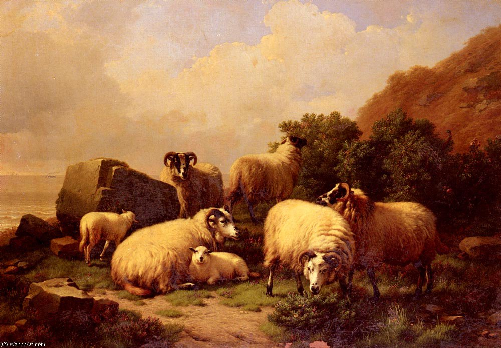 Wikioo.org - The Encyclopedia of Fine Arts - Painting, Artwork by Eugène Joseph Verboeckhoven - Sheep grazing by the coast