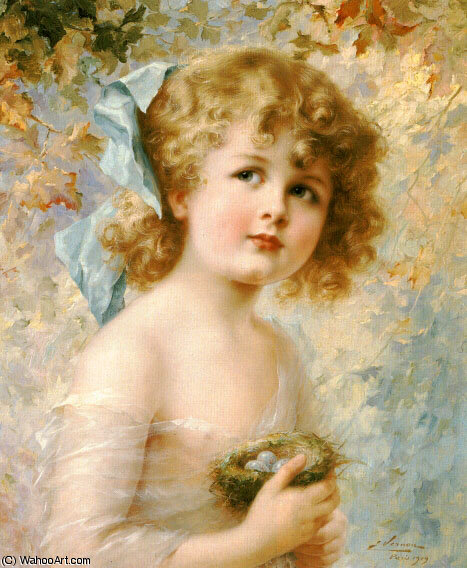 Wikioo.org - The Encyclopedia of Fine Arts - Painting, Artwork by Emile Vernon - Girl Holding a Nest