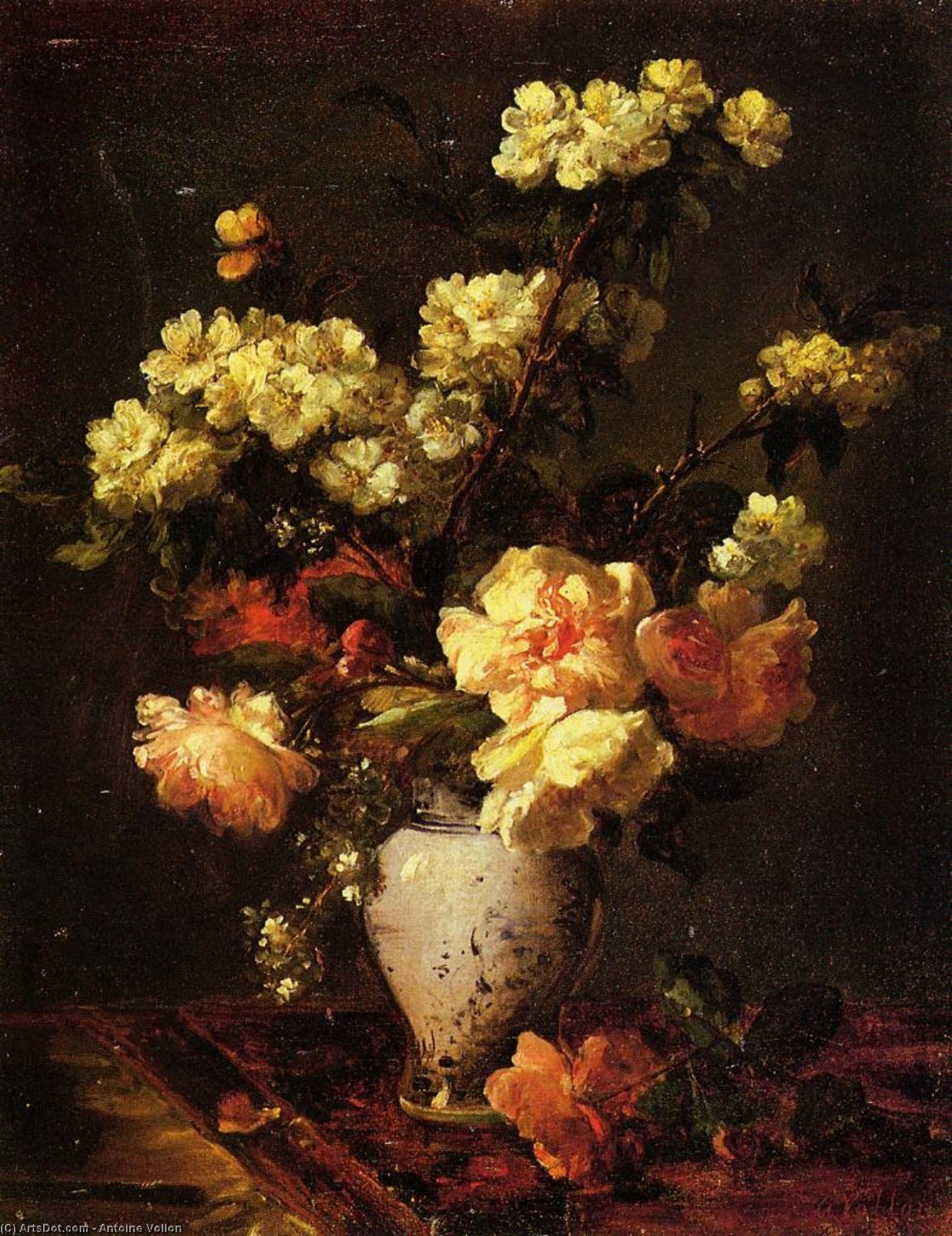 Wikioo.org - The Encyclopedia of Fine Arts - Painting, Artwork by Antoine Vollon - Peonies and Apple Blossoms in a Chinese Vase