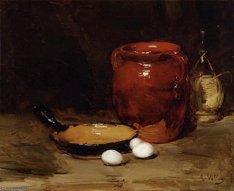 WikiOO.org - Encyclopedia of Fine Arts - Maleri, Artwork Antoine Vollon - Still Life with a Pen, Jug, Bottle and Eggs on a Table