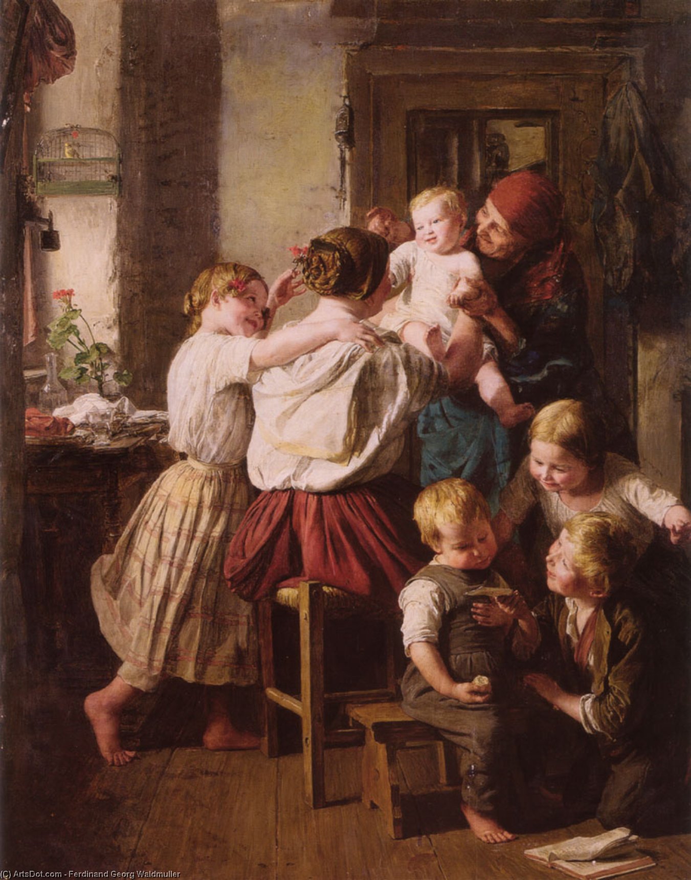 Wikioo.org - The Encyclopedia of Fine Arts - Painting, Artwork by Ferdinand Georg Waldmuller - Children Making Their Grandmother a Present on Her Name Day
