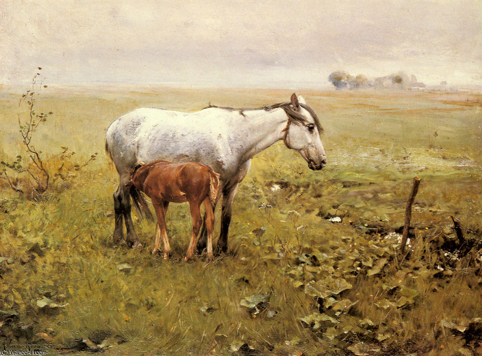 Wikioo.org - The Encyclopedia of Fine Arts - Painting, Artwork by Alfred Wierusz Kowalski - A Mare and her Foal in a Landscape