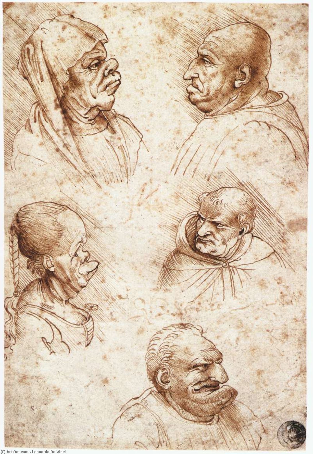 WikiOO.org - 百科事典 - 絵画、アートワーク Leonardo Da Vinci - ヘッド studies-Five 似顔絵ヘッド