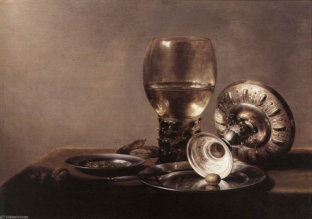 Wikioo.org – La Enciclopedia de las Bellas Artes - Pintura, Obras de arte de Pieter Claesz Soutman - bodegón con vino vidrio  asícomo  plata  fuente