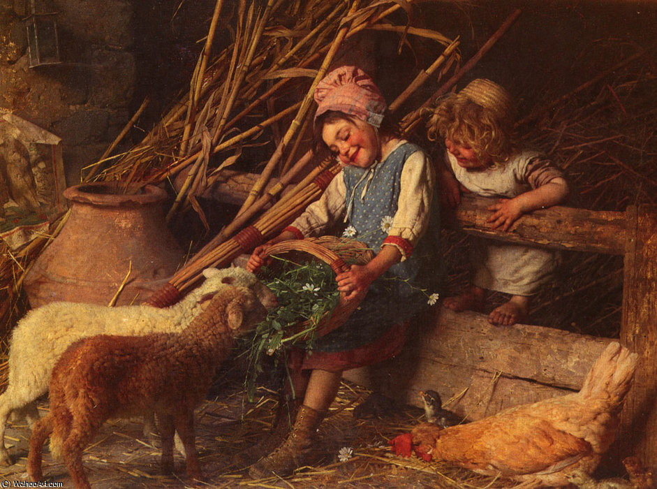 Wikioo.org - The Encyclopedia of Fine Arts - Painting, Artwork by Gaetano Chierici - Feeding the Lambs