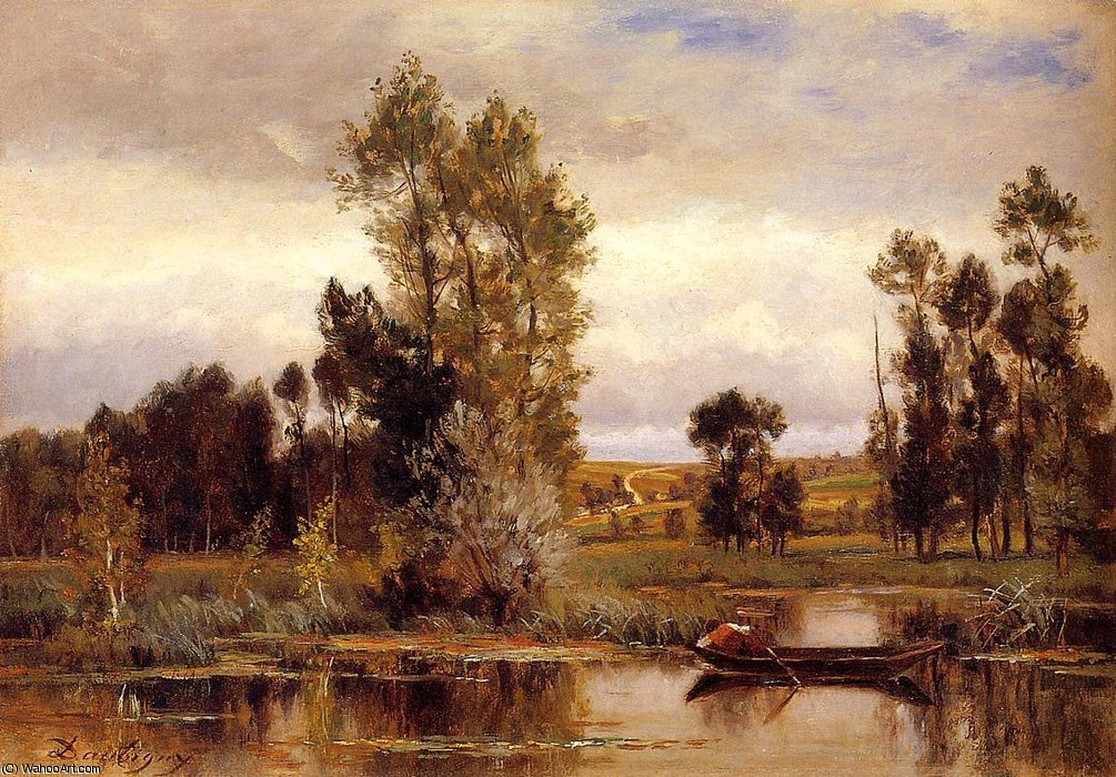 WikiOO.org - Encyclopedia of Fine Arts - Maleri, Artwork Charles François Daubigny - Boat on a Pond