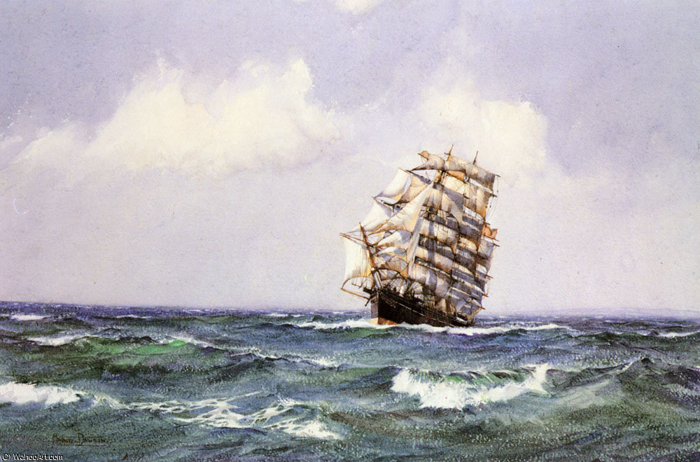 Wikioo.org - The Encyclopedia of Fine Arts - Painting, Artwork by Montague Dawson - The Ship Lightening making Landfall in Summer Weather