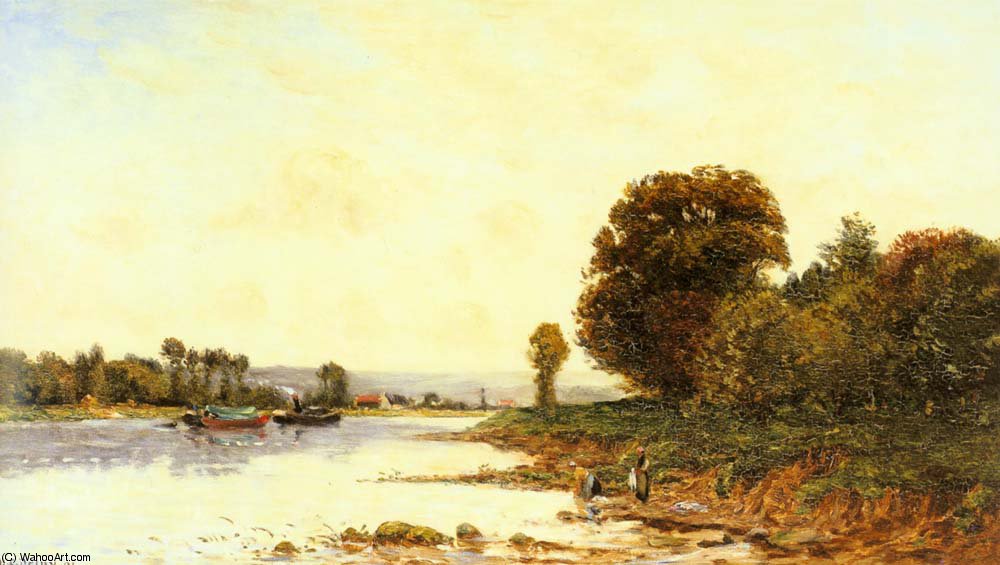 Wikioo.org - The Encyclopedia of Fine Arts - Painting, Artwork by Hippolyte Camille Delpy - Washerwomen in a River Landscape with Steamboats beyond