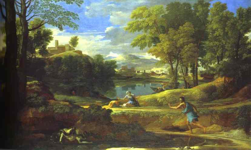 Wikioo.org - The Encyclopedia of Fine Arts - Painting, Artwork by Nicolas Poussin - Landscape with a Man Running from Serpent