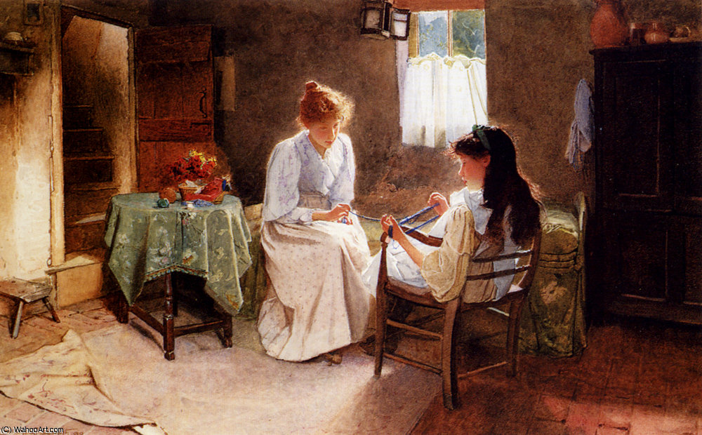 Wikioo.org - The Encyclopedia of Fine Arts - Painting, Artwork by Carlton Alfred Smith - Two girls in an interior winding a skein of wool