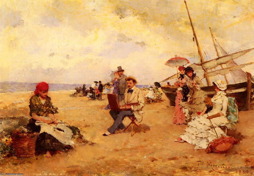 Wikioo.org - The Encyclopedia of Fine Arts - Painting, Artwork by Francisco Miralles Galup - The artist sketching on a beach