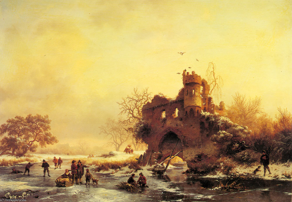 Wikioo.org - The Encyclopedia of Fine Arts - Painting, Artwork by Frederick Marianus Kruseman - winter landscape with skaters on a frozen river beside castle ruins