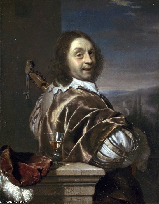 Wikioo.org - The Encyclopedia of Fine Arts - Painting, Artwork by Frans Van Mieris - Self Portrait of the Artist, with a Cittern