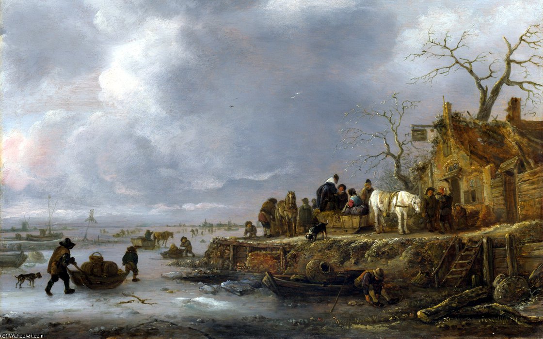 WikiOO.org - Encyclopedia of Fine Arts - Schilderen, Artwork Isaac Van Ostade - An Inn by a Frozen River