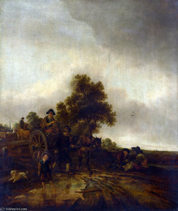 Wikioo.org - The Encyclopedia of Fine Arts - Painting, Artwork by Isaac Van Ostade - A Landscape with Peasants and a Cart