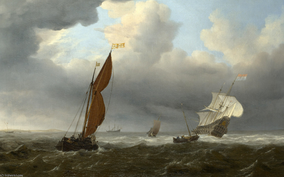 Wikioo.org - สารานุกรมวิจิตรศิลป์ - จิตรกรรม Willem Van De Velde The Younger - A Dutch Ship and Other Small Vessels in a Strong Breeze