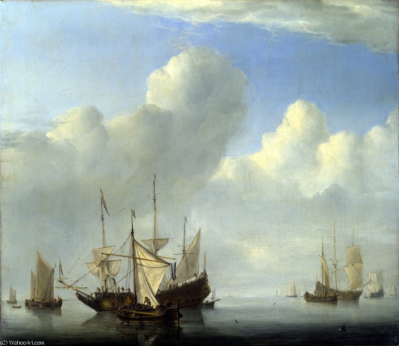 Wikioo.org – La Enciclopedia de las Bellas Artes - Pintura, Obras de arte de Willem Van De Velde The Younger - Un barco holandés que viene en Anchor