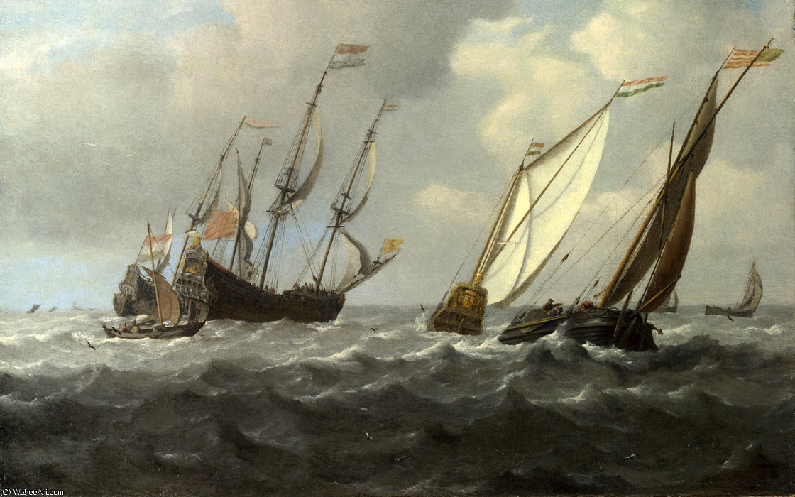 Wikioo.org - The Encyclopedia of Fine Arts - Painting, Artwork by Willem Van De Velde The Younger - A Dutch Ship, a Yacht and Smaller Vessels in a Breeze
