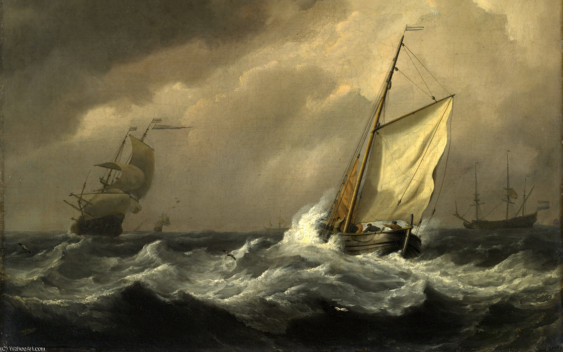 Wikioo.org – L'Encyclopédie des Beaux Arts - Peinture, Oeuvre de Willem Van De Velde The Younger - Un petit navire néerlandais au près dans une forte brise
