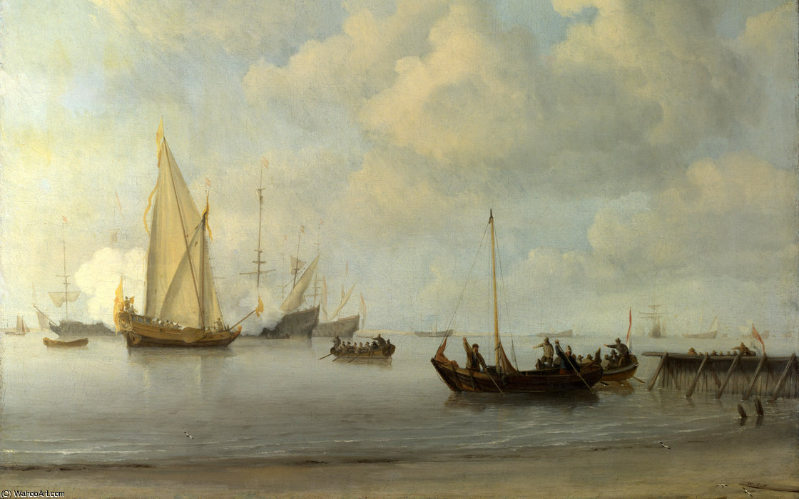 Wikioo.org - สารานุกรมวิจิตรศิลป์ - จิตรกรรม Willem Van De Velde The Younger - Boats pulling out to a Yacht in a Calm