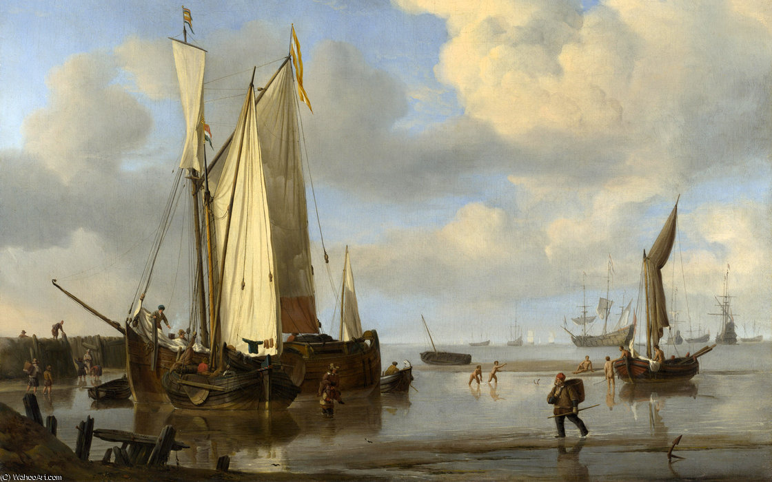WikiOO.org - Güzel Sanatlar Ansiklopedisi - Resim, Resimler Willem Van De Velde The Younger - Dutch Vessels Inshore and Men Bathing