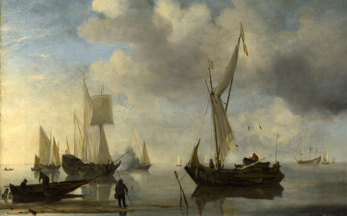 WikiOO.org – 美術百科全書 - 繪畫，作品 Willem Van De Velde The Younger - 荷兰船只在平静，人们敬礼躺在近海