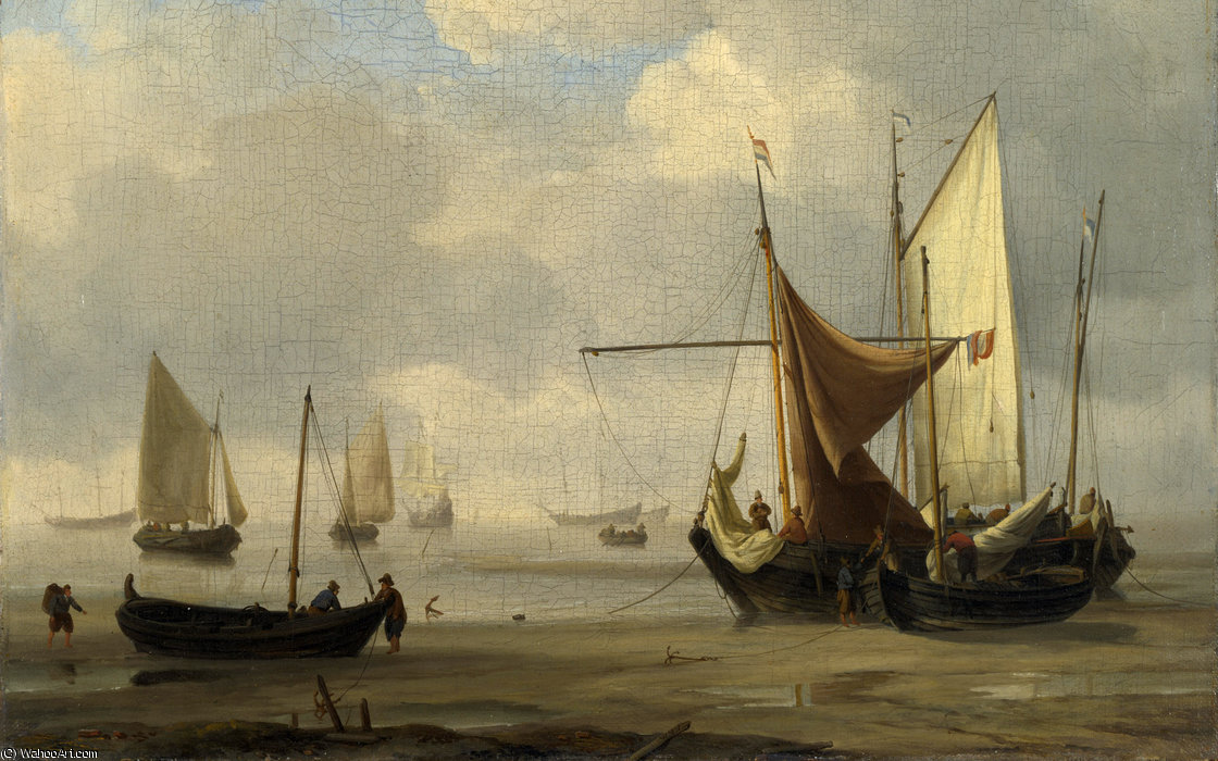 WikiOO.org – 美術百科全書 - 繪畫，作品 Willem Van De Velde The Younger - 在一个平静的小荷兰搁浅船只低水