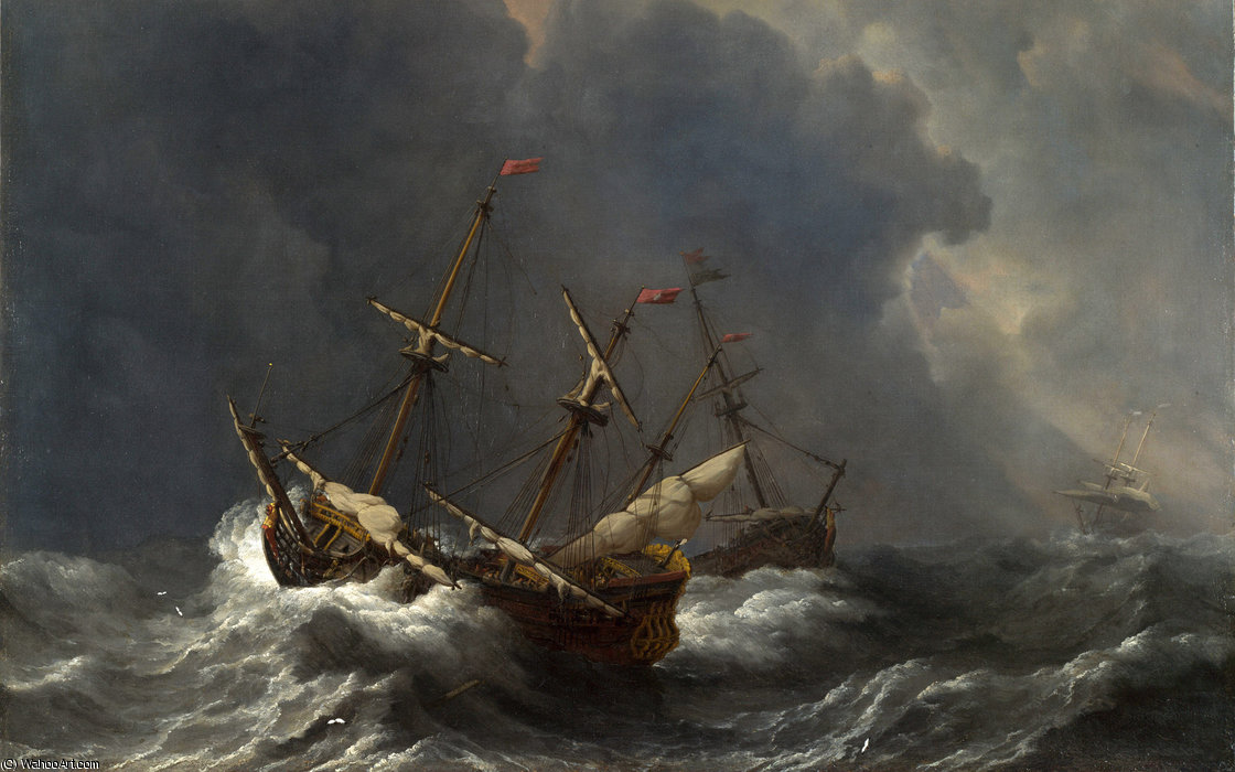 WikiOO.org - Güzel Sanatlar Ansiklopedisi - Resim, Resimler Willem Van De Velde The Younger - Three Ships in a Gale