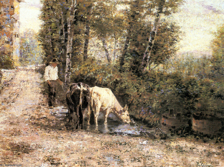 Wikioo.org - สารานุกรมวิจิตรศิลป์ - จิตรกรรม Eugenio Zampighi - Cows Watering at a Quiet Pool