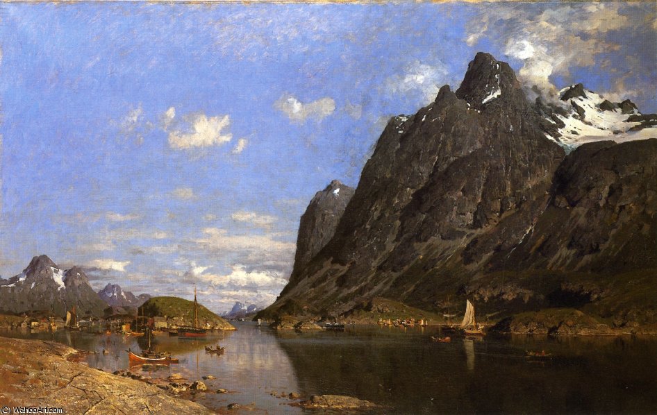 Wikioo.org - The Encyclopedia of Fine Arts - Painting, Artwork by Adelsteen Normann - Fishing Settlement in the Lofoton Islands