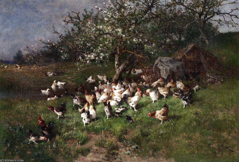 Wikioo.org - The Encyclopedia of Fine Arts - Painting, Artwork by Alexandre Defaux - Spring - Chickens under Flowering Apple Trees