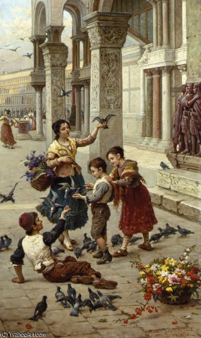 Wikioo.org – La Enciclopedia de las Bellas Artes - Pintura, Obras de arte de Antonio Paoletti - La alimentación de los Palomas en la Plaza de San Marco - Venecia