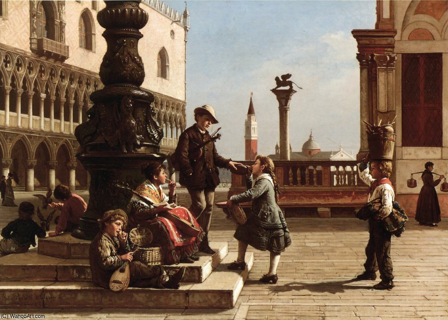 Wikioo.org - The Encyclopedia of Fine Arts - Painting, Artwork by Antonio Paoletti - Young Musicians in Piazza San Marco - Venice